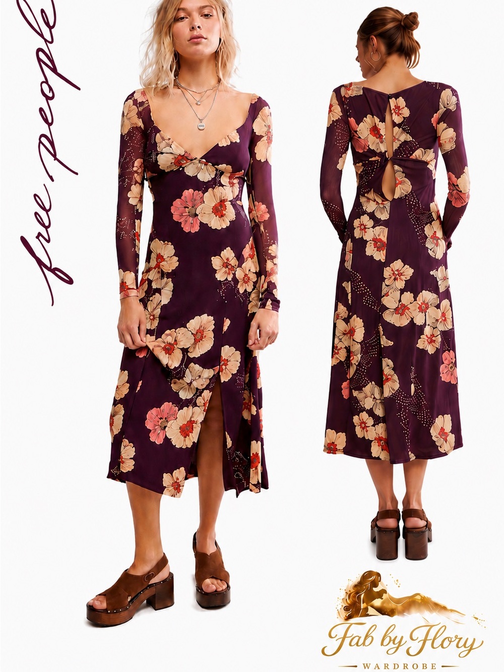 Free People Calla Floral Midi Dress Plum Combo Sweetheart Long Sleeve Boho L